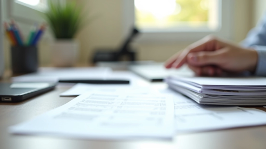 Bureau organisé avec classeurs, documents fiscaux triés par catégorie et stylo prêt pour remplir les formulaires