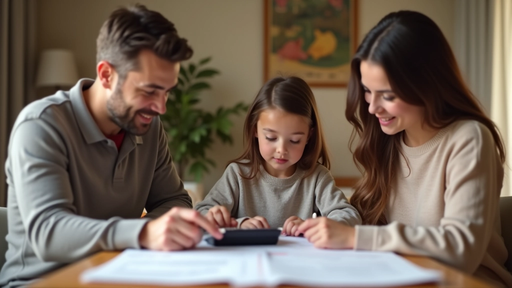 Famille regardant des documents fiscaux ensemble autour d'une table