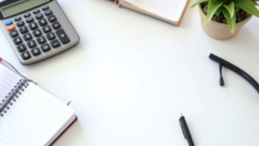 Bureau avec documents fiscaux, calculatrice et stylo sur une surface blanche